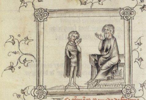 Image of "Education", a teacher instructing a student in grisaille ink, from Remède de Fortune (BNF Fr 1584 fol.49v)